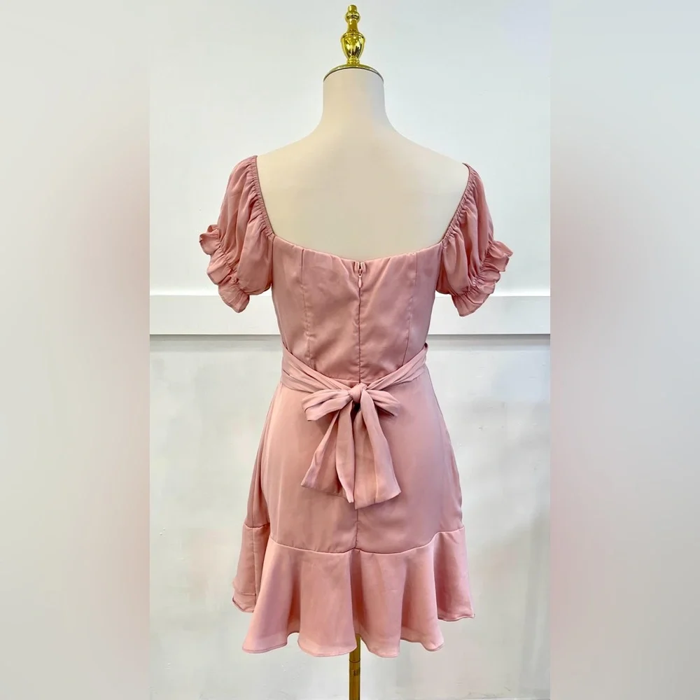 (2583-09) A-LINE WAIST SHORT BUBBLE SLEEVE RUFFLE V-NECK MINI SUMMER DRESS - Picture 4 of 4